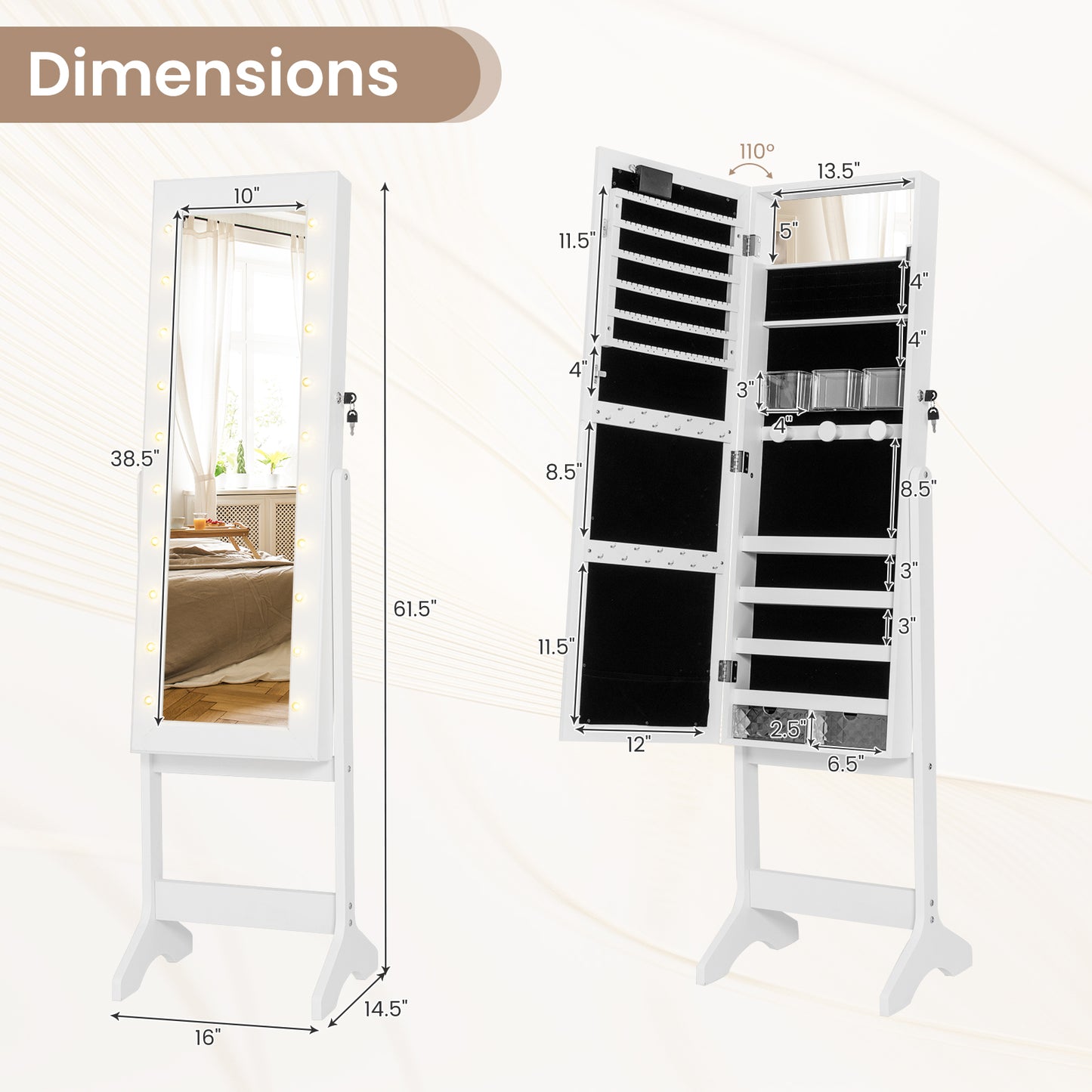 Jewelry Armoire Cabinet with Full-Length Mirror and LED Lights