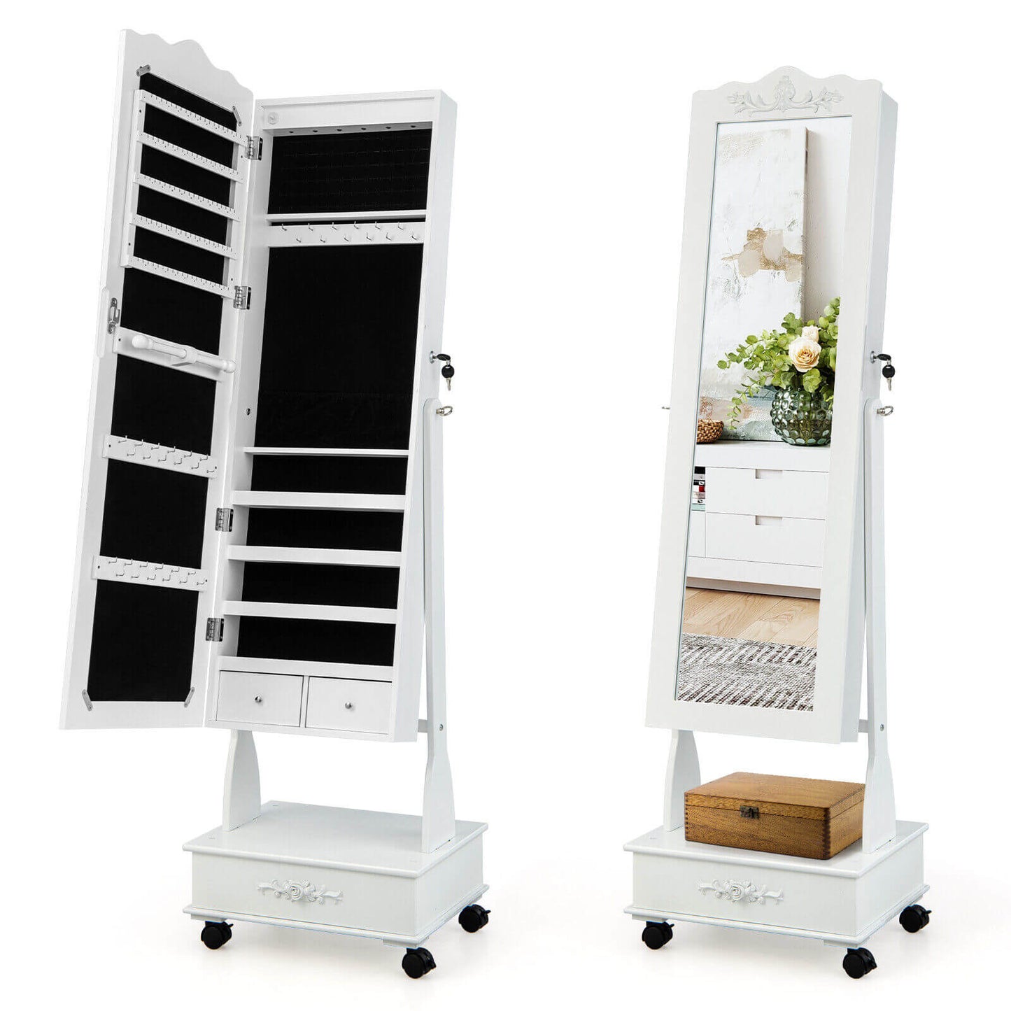 Rolling Mirrored Jewelry Armoire with LED Lights & Lock