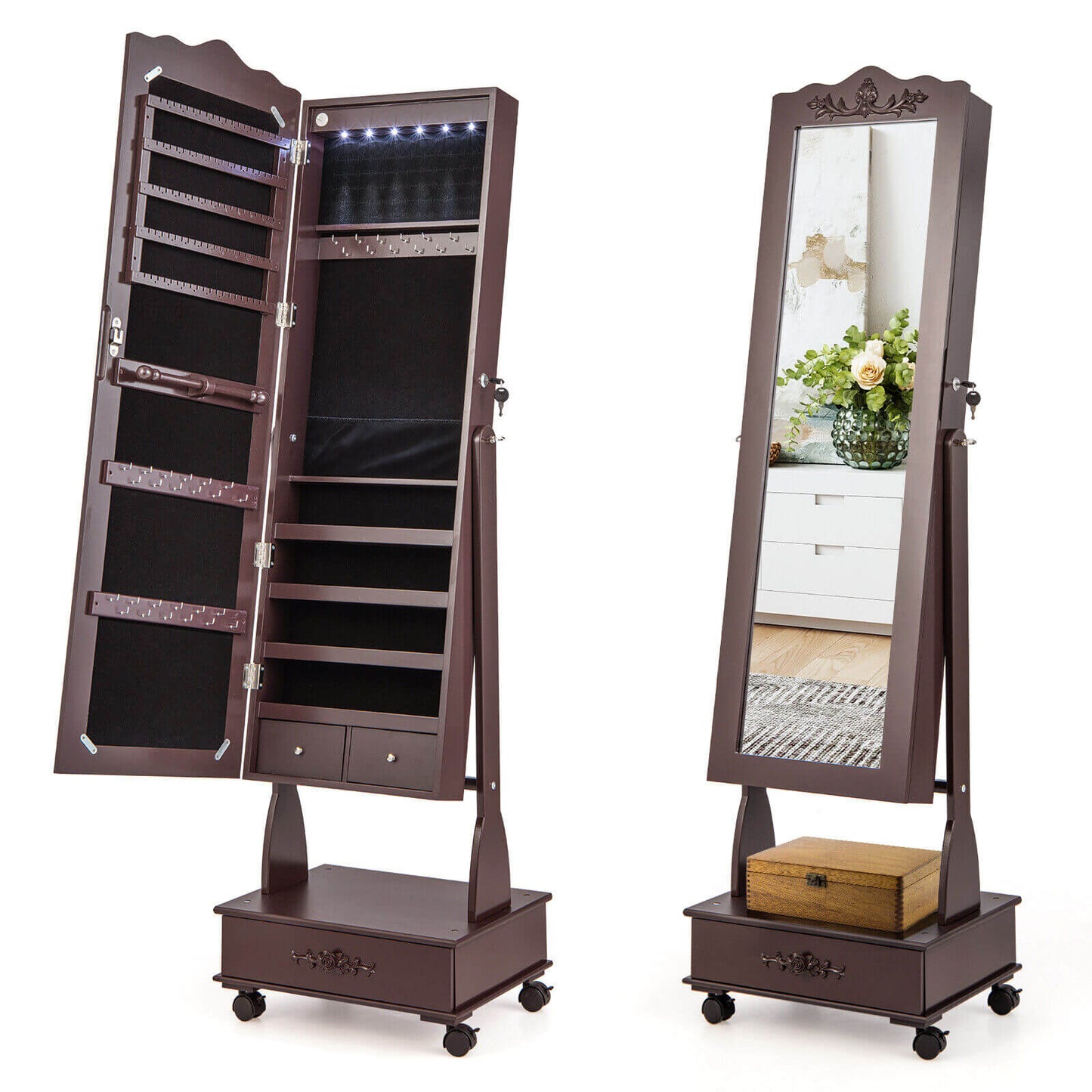 Rolling Mirrored Jewelry Armoire with LED Lights & Lock