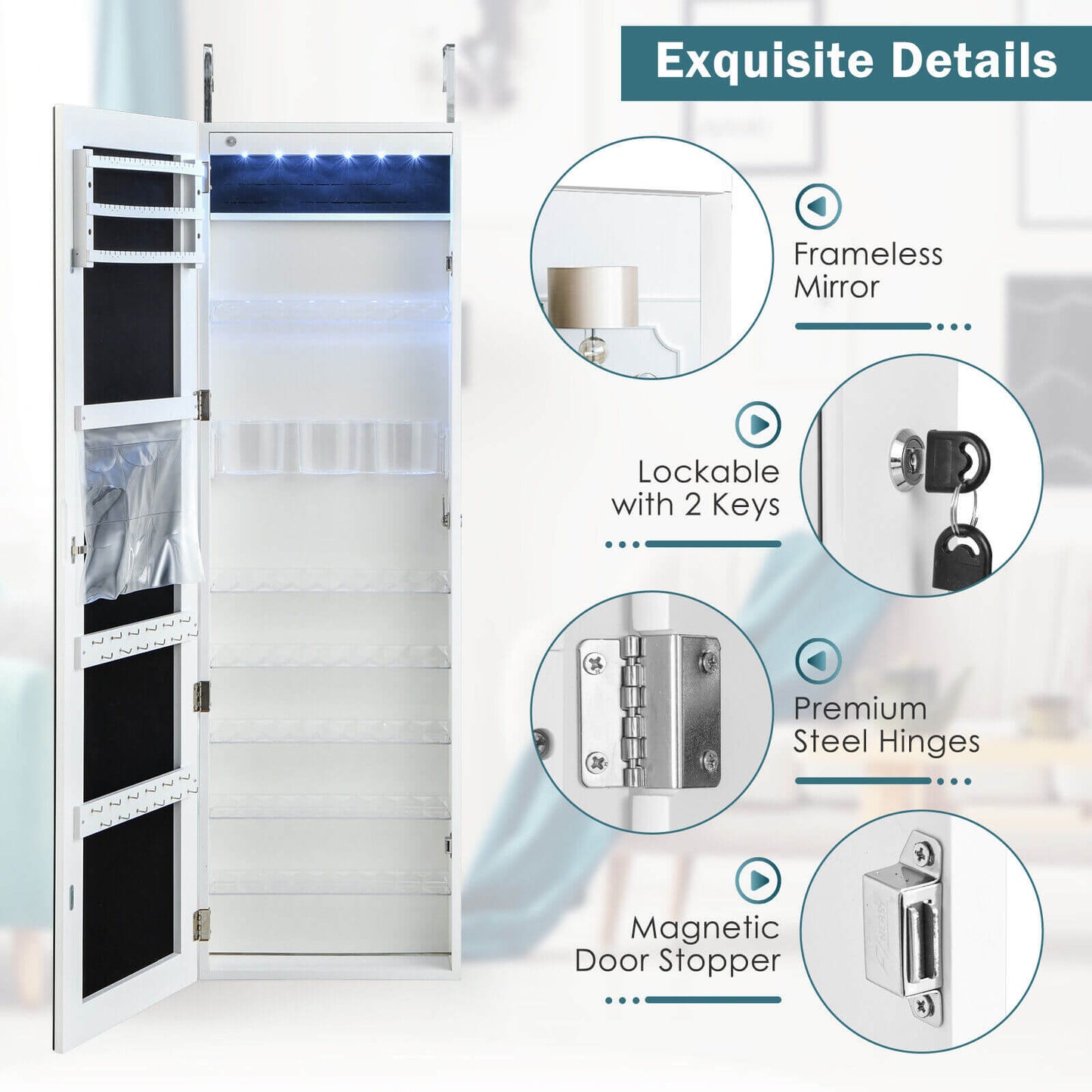 Wall Door Mounted Jewelry Armoire with Frameless LED Mirror
