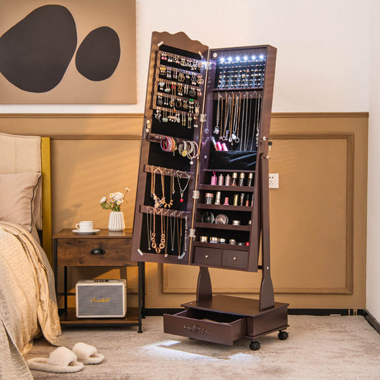 Rolling Mirrored Jewelry Armoire with LED Lights & Lock