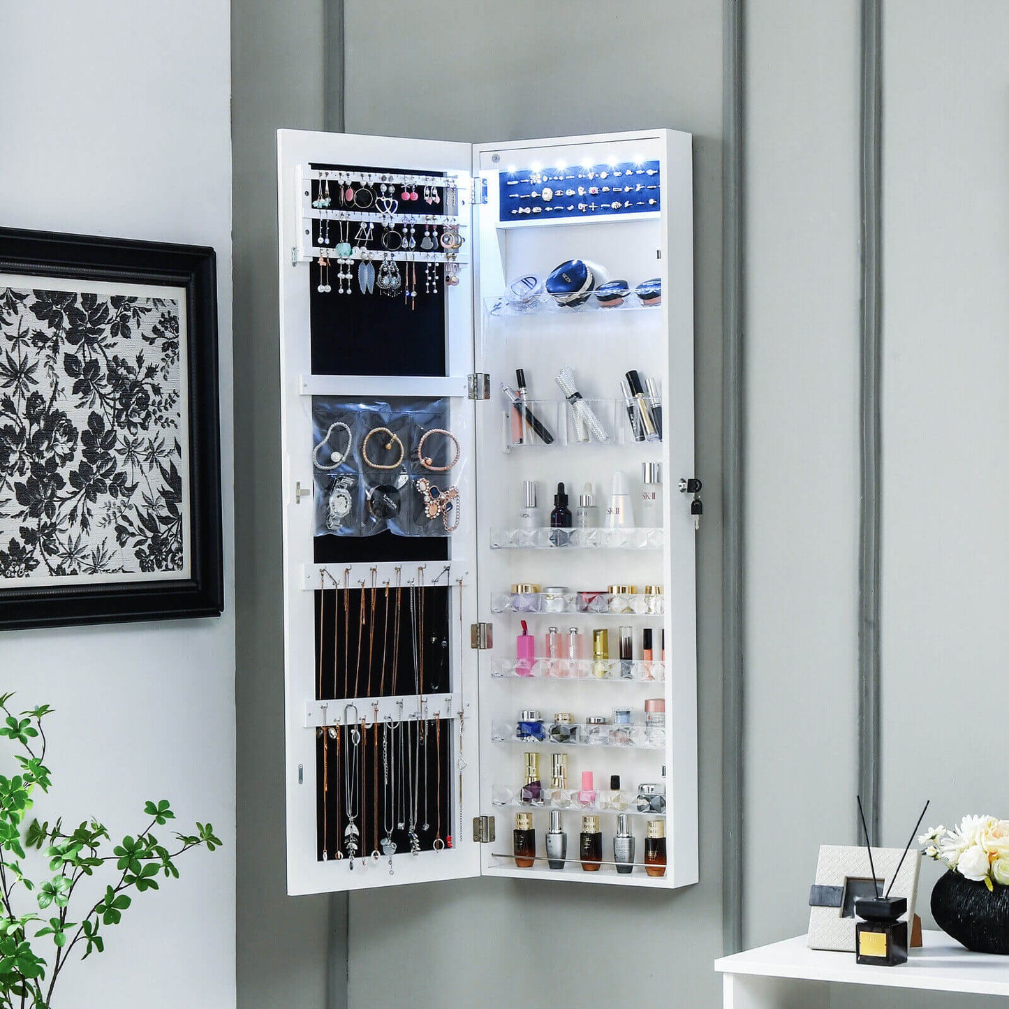 Wall Door Mounted Jewelry Armoire with Frameless LED Mirror