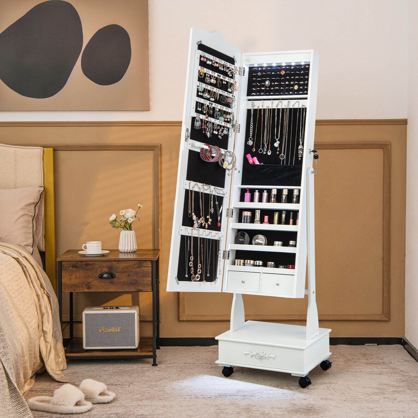 Rolling Mirrored Jewelry Armoire with LED Lights & Lock