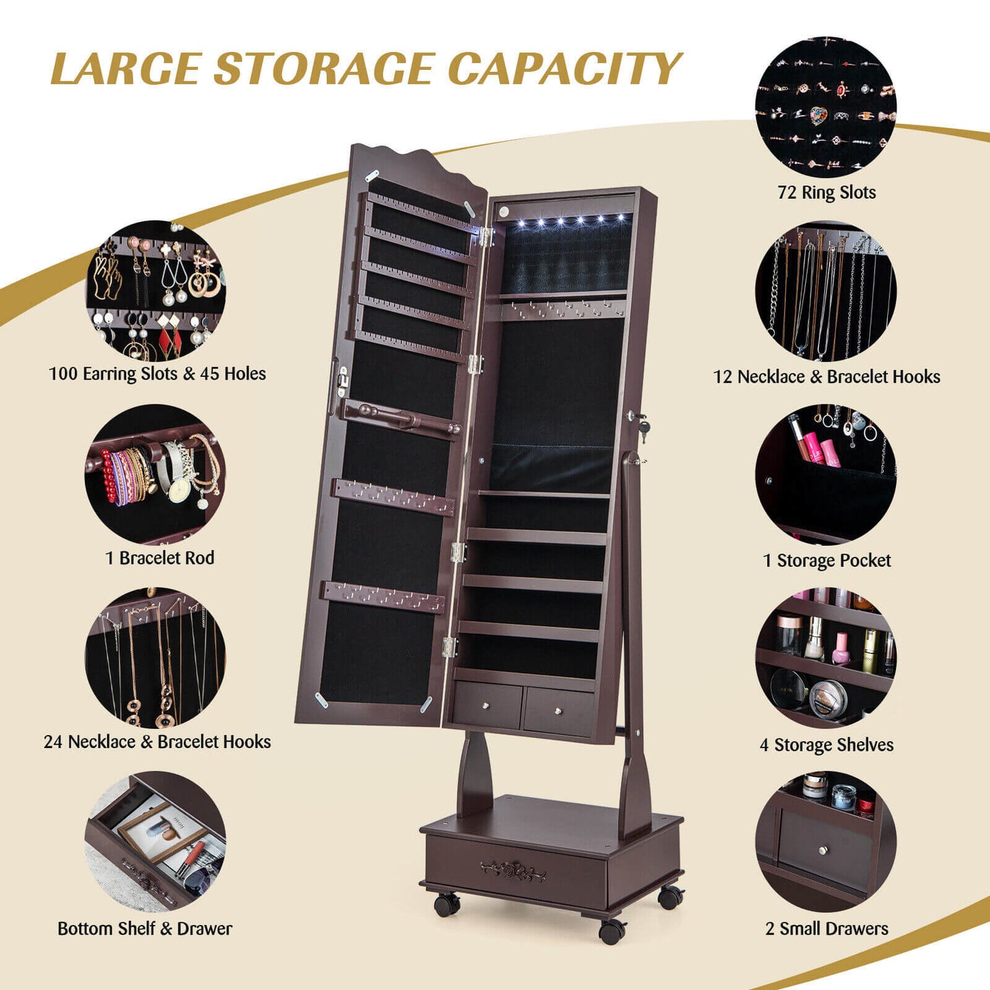 Rolling Mirrored Jewelry Armoire with LED Lights & Lock