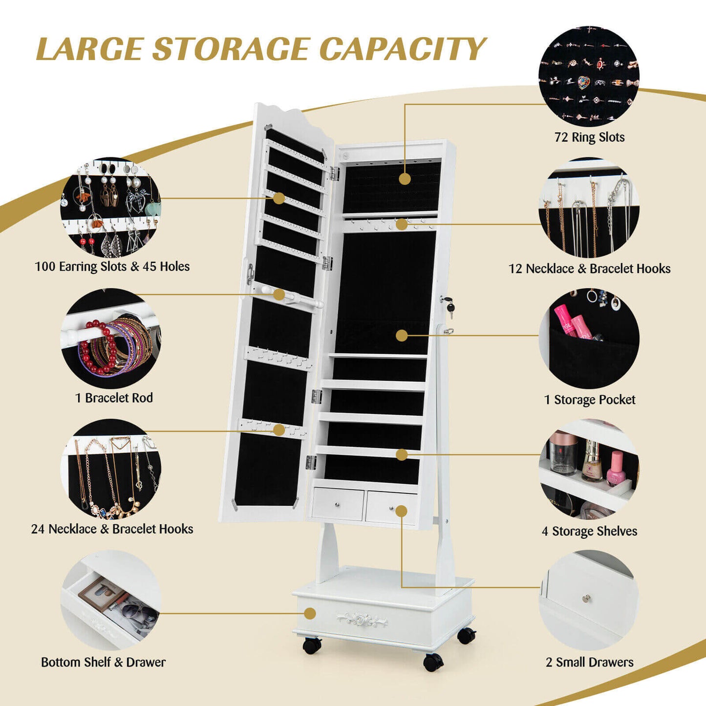 Rolling Mirrored Jewelry Armoire with LED Lights & Lock