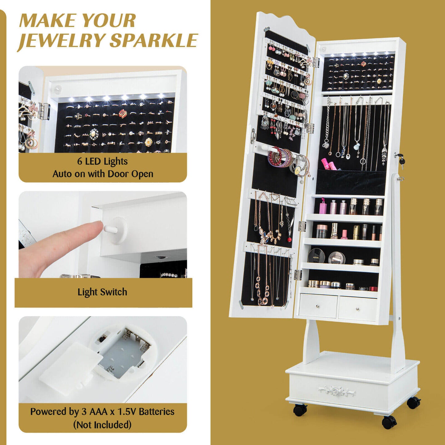 Rolling Mirrored Jewelry Armoire with LED Lights & Lock