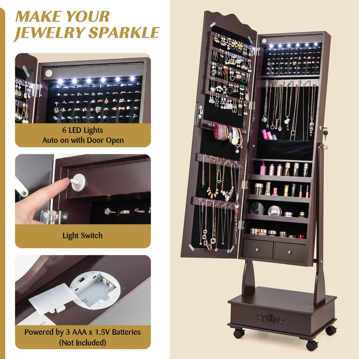 Rolling Mirrored Jewelry Armoire with LED Lights & Lock