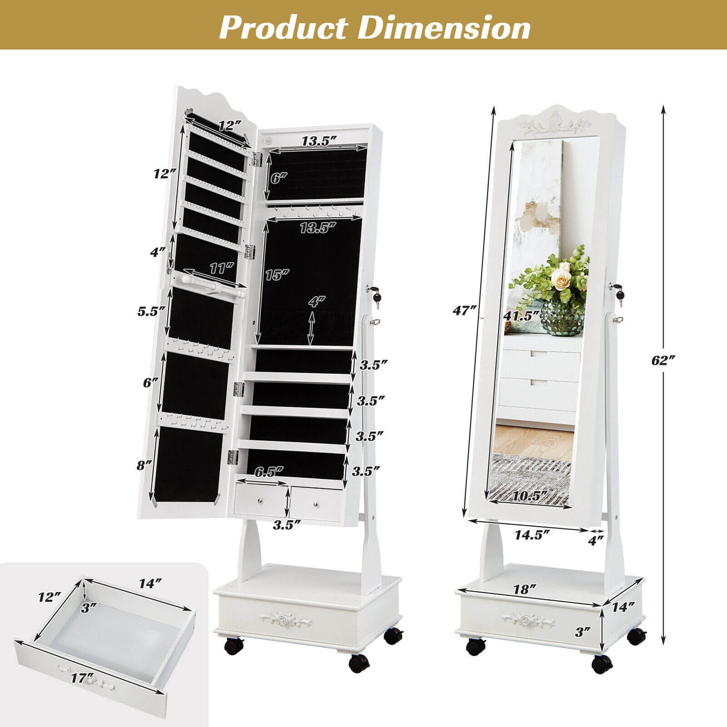 Rolling Mirrored Jewelry Armoire with LED Lights & Lock