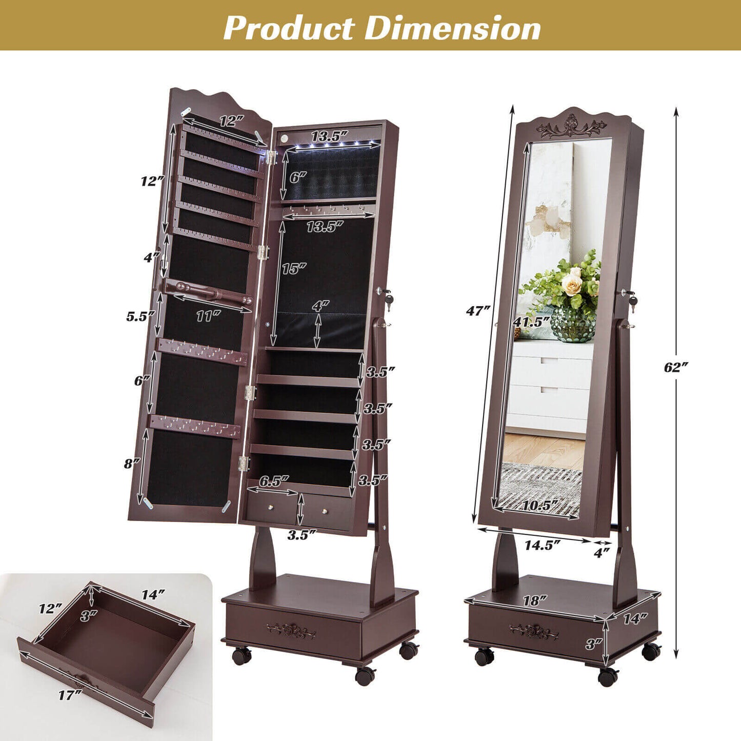Rolling Mirrored Jewelry Armoire with LED Lights & Lock