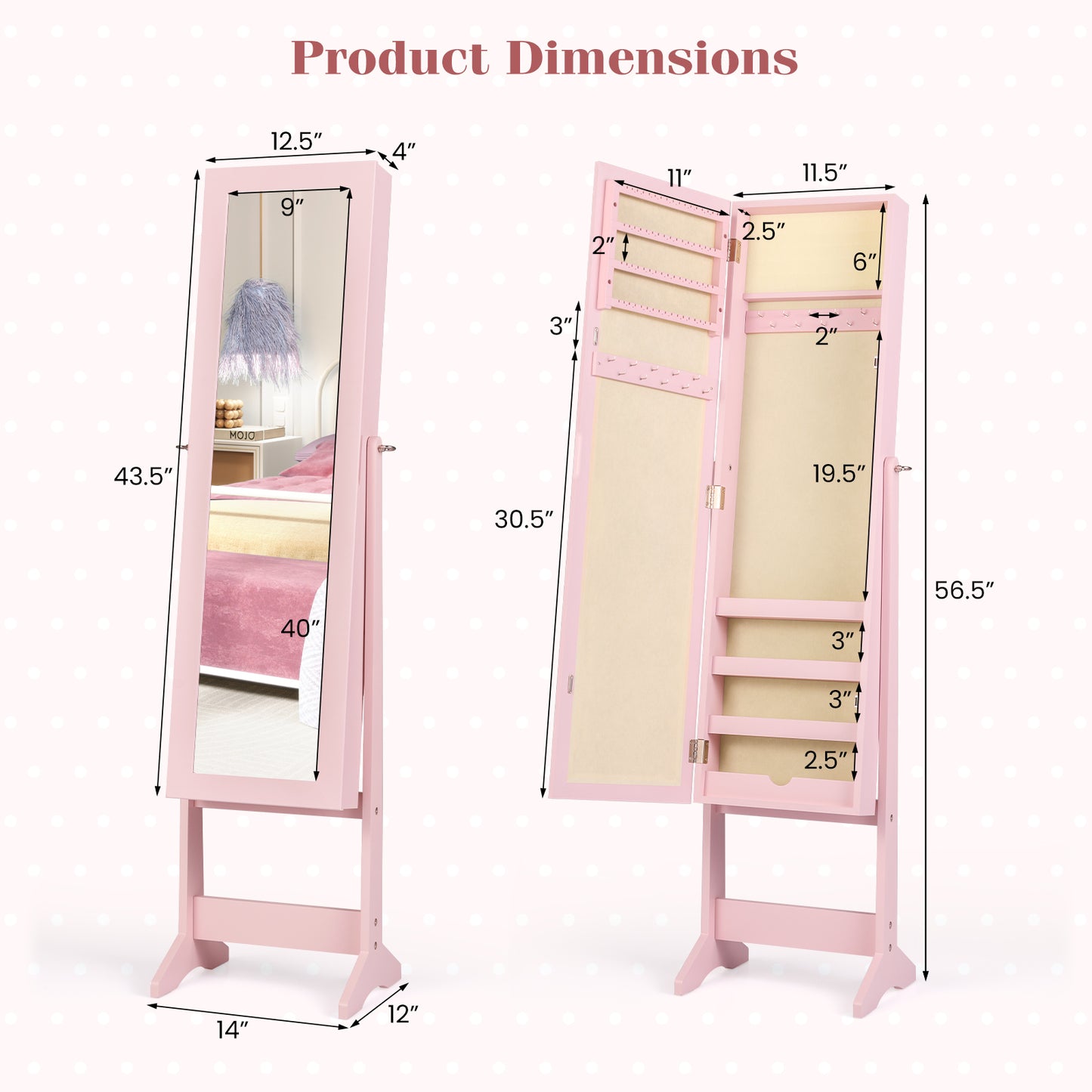 Standing Jewelry Cabinet with Mirror 56" Tall Storage Armoire