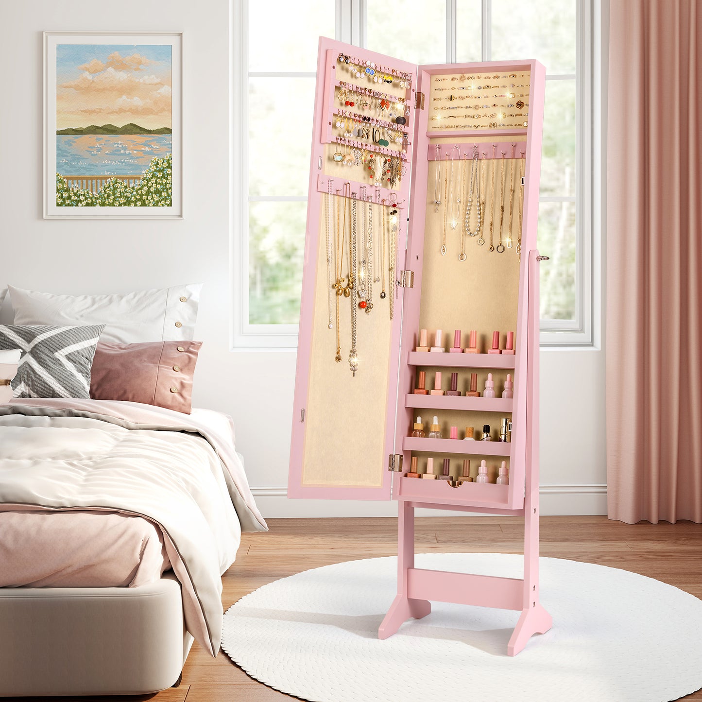 Standing Jewelry Cabinet with Mirror 56" Tall Storage Armoire