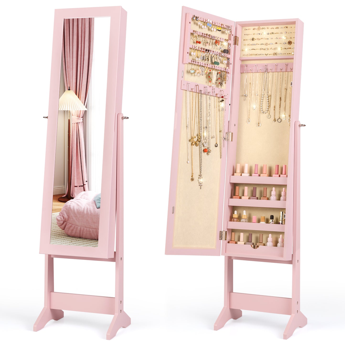 Standing Jewelry Cabinet with Mirror 56" Tall Storage Armoire