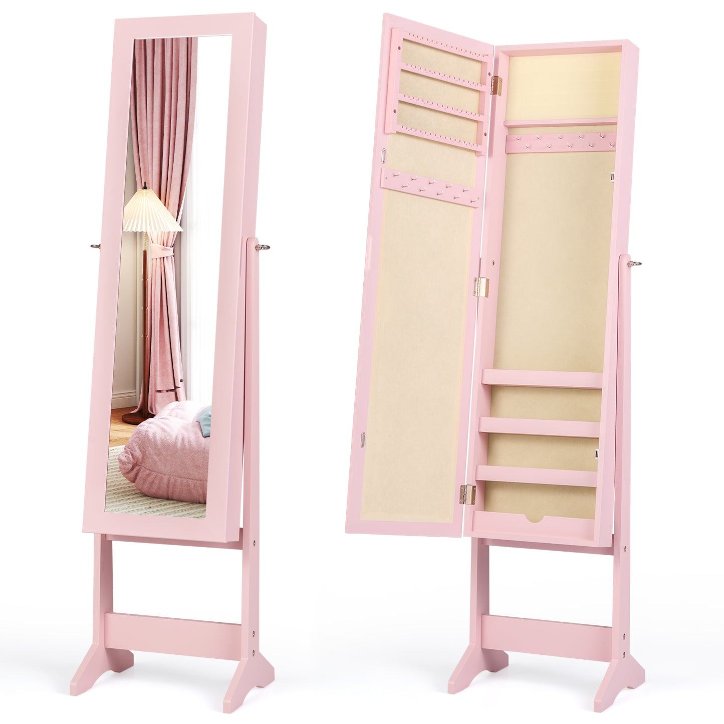 Standing Jewelry Cabinet with Mirror 56" Tall Storage Armoire
