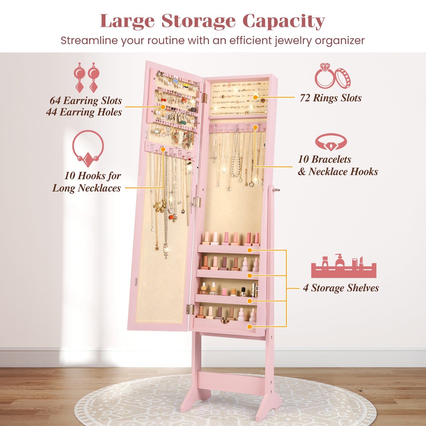 Standing Jewelry Cabinet with Mirror 56" Tall Storage Armoire