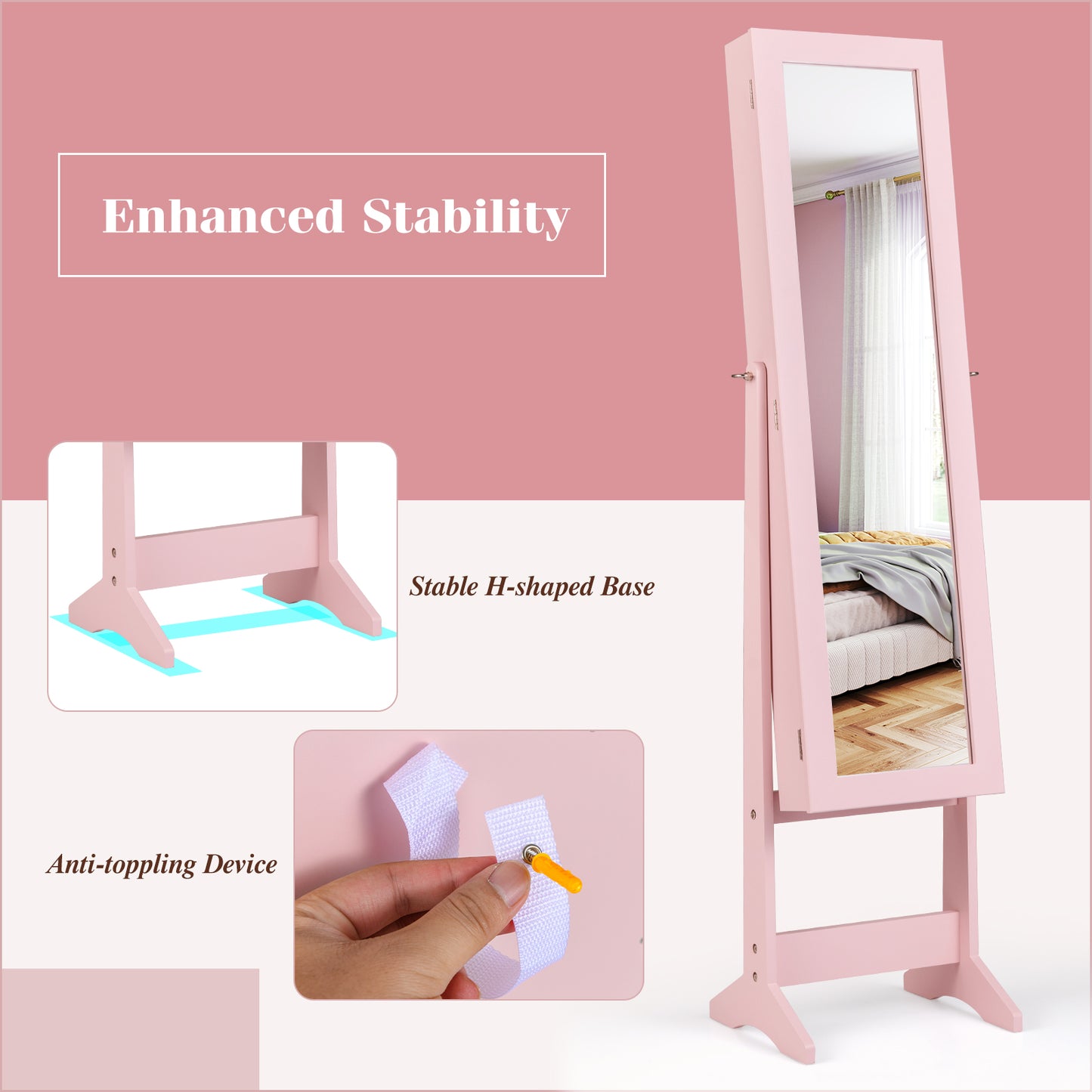 Standing Jewelry Cabinet with Mirror 56" Tall Storage Armoire