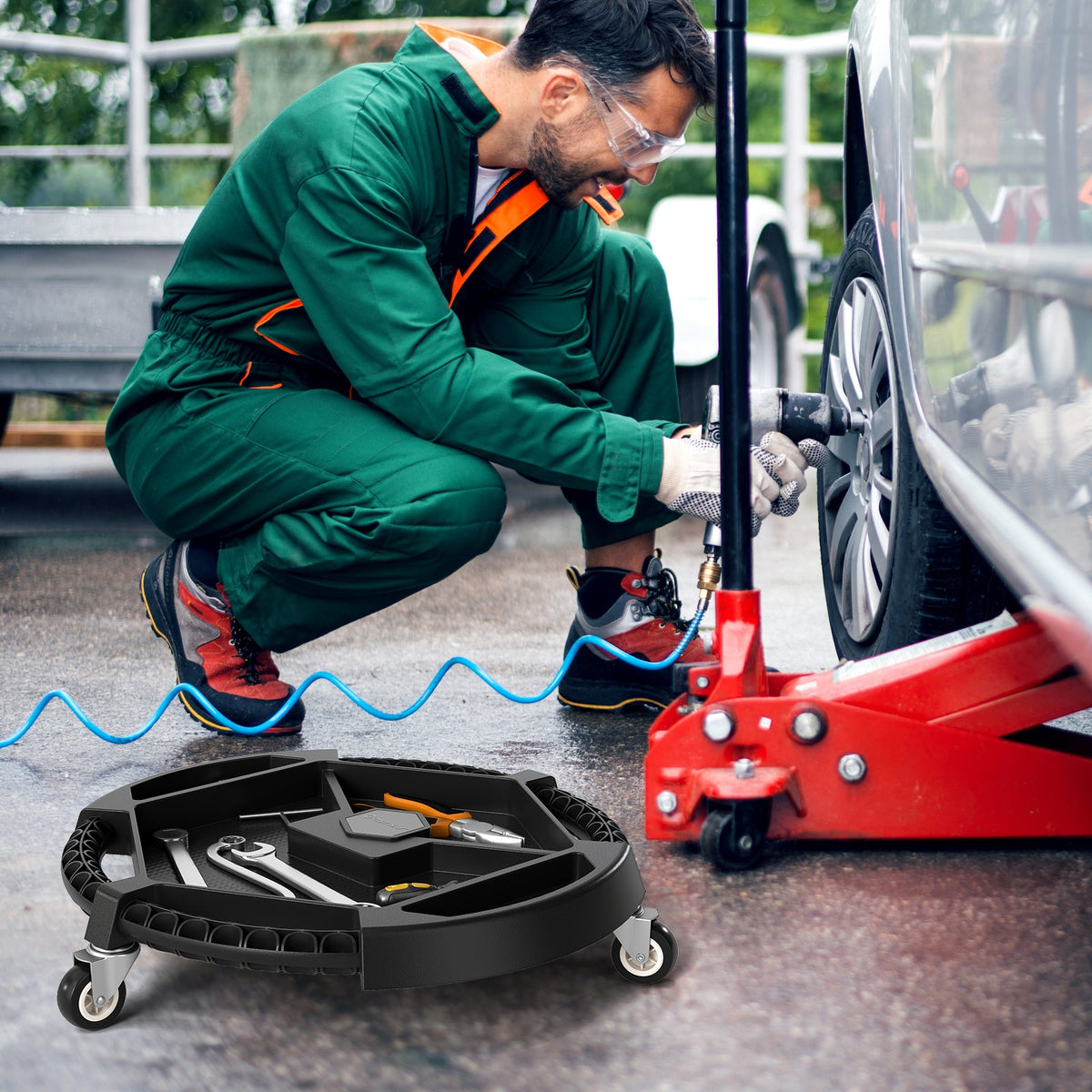 Mobile Automotive Tool Creeper with 3 Swivel Casters and 4 Compartments-Black