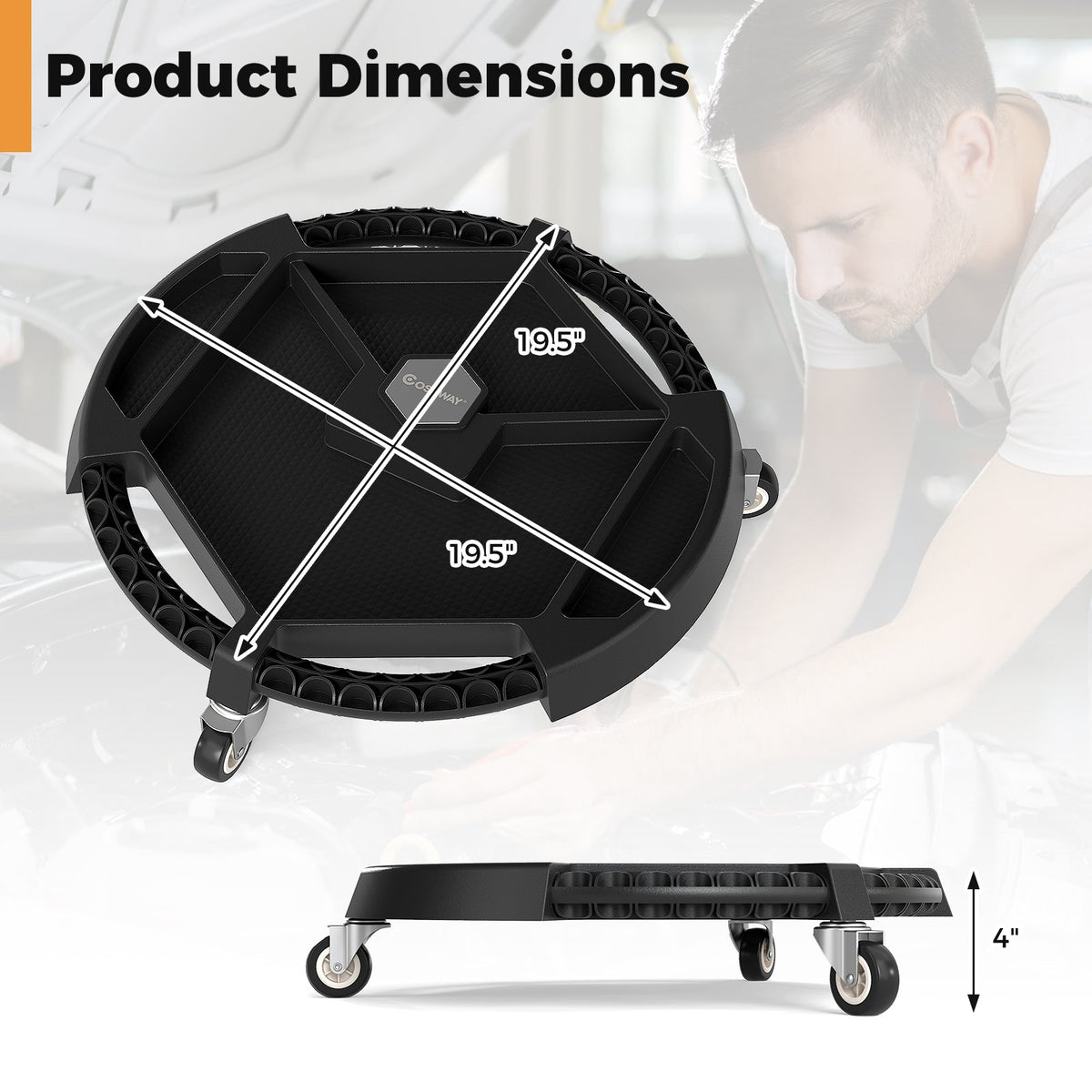 Mobile Automotive Tool Creeper with 3 Swivel Casters and 4 Compartments-Black