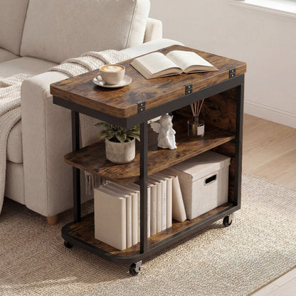 Mobile Side Table with Foldable Swivel Top and 2-Tier Shelf