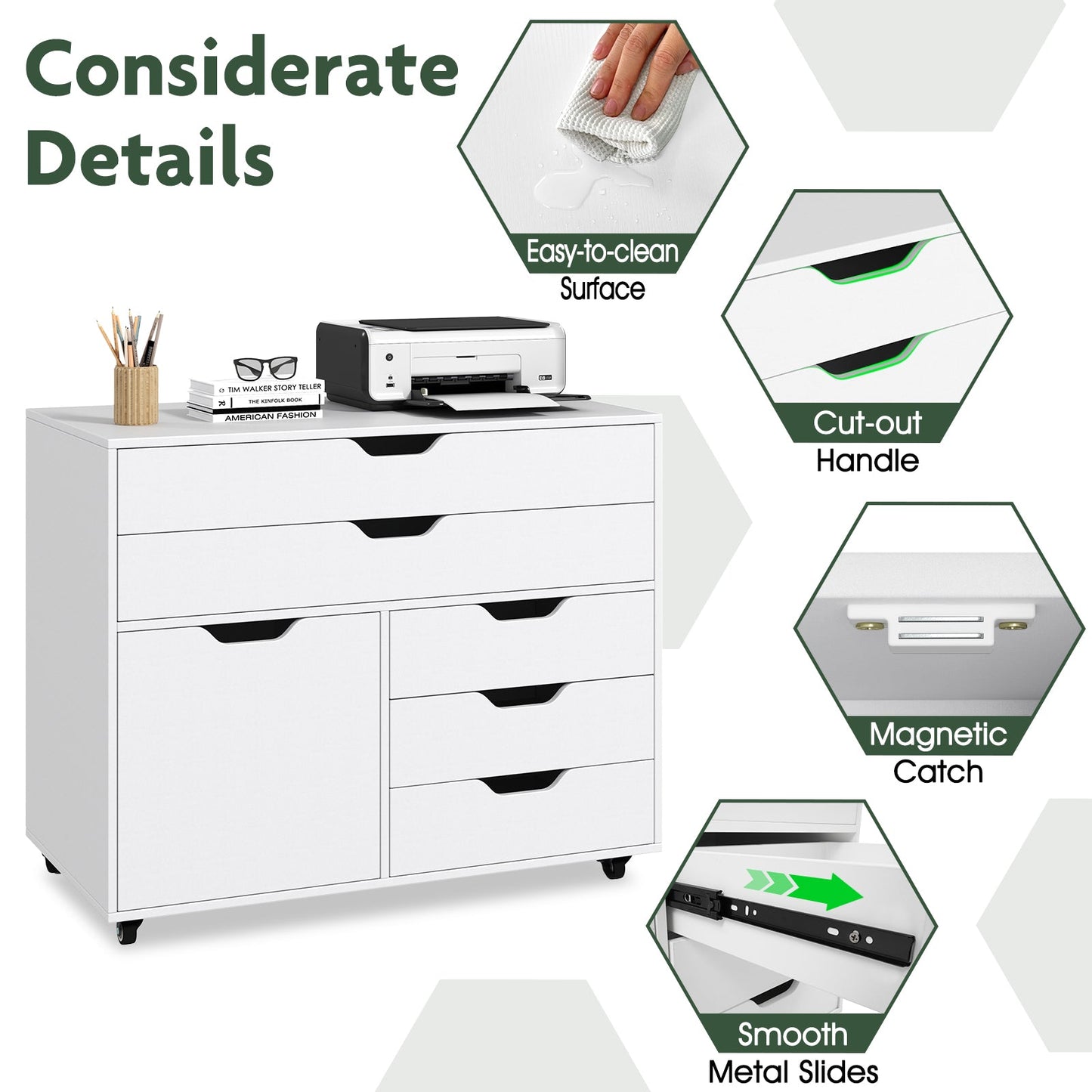 Modern Vertical 5-Drawer Mobile Chest with Door 5 Casters