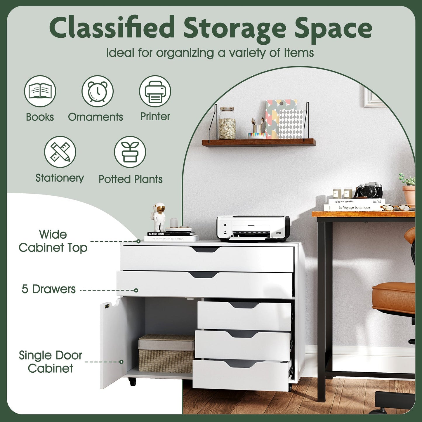 Modern Vertical 5-Drawer Mobile Chest with Door 5 Casters