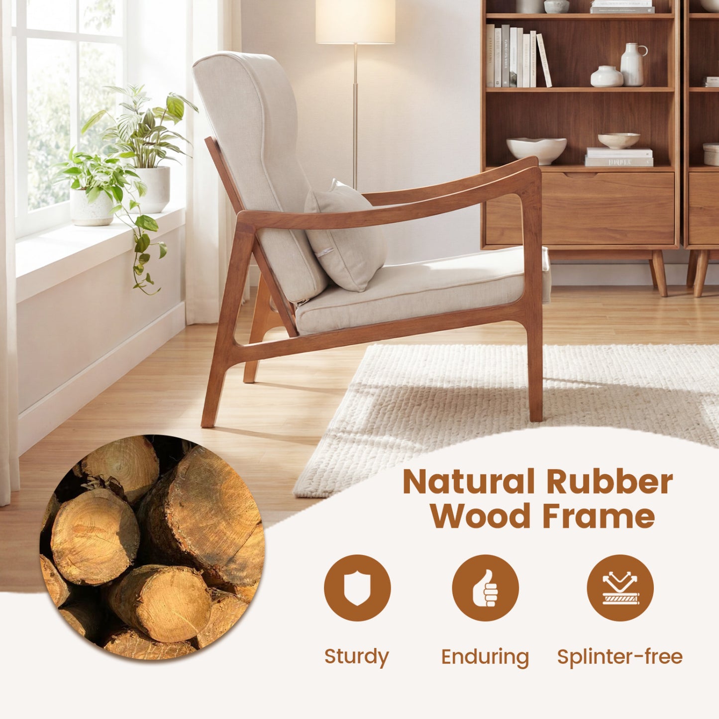 Accent Chair with Removable Cushions and Rubber Wood Frame