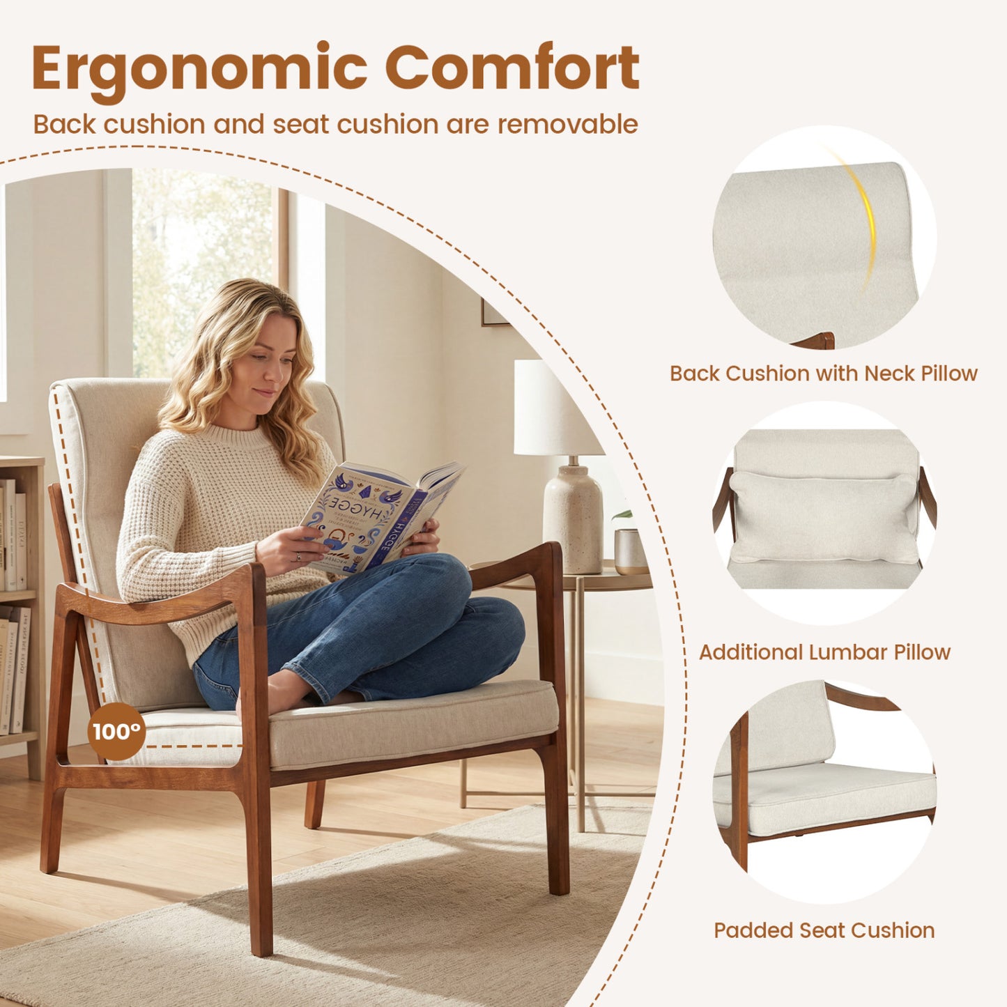 Accent Chair with Removable Cushions and Rubber Wood Frame
