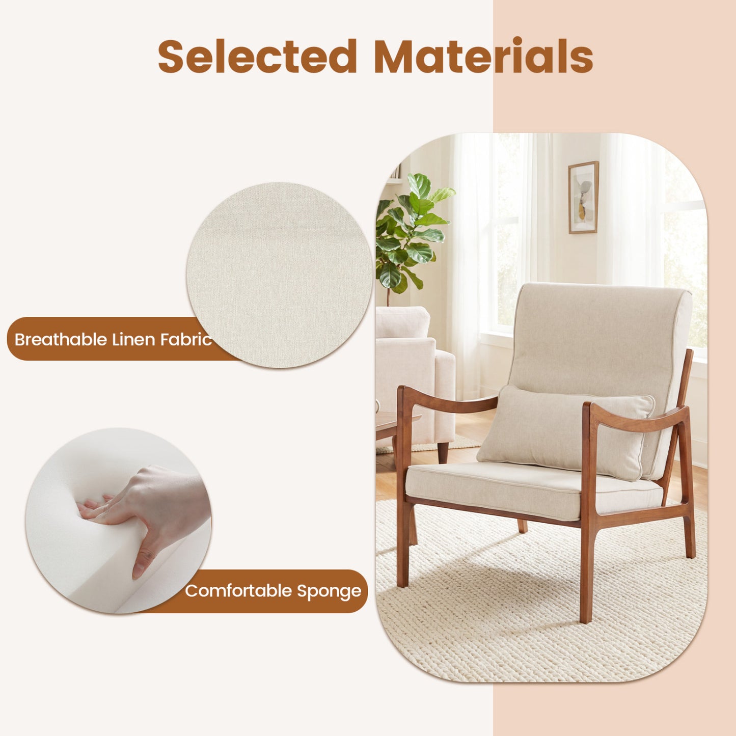 Accent Chair with Removable Cushions and Rubber Wood Frame