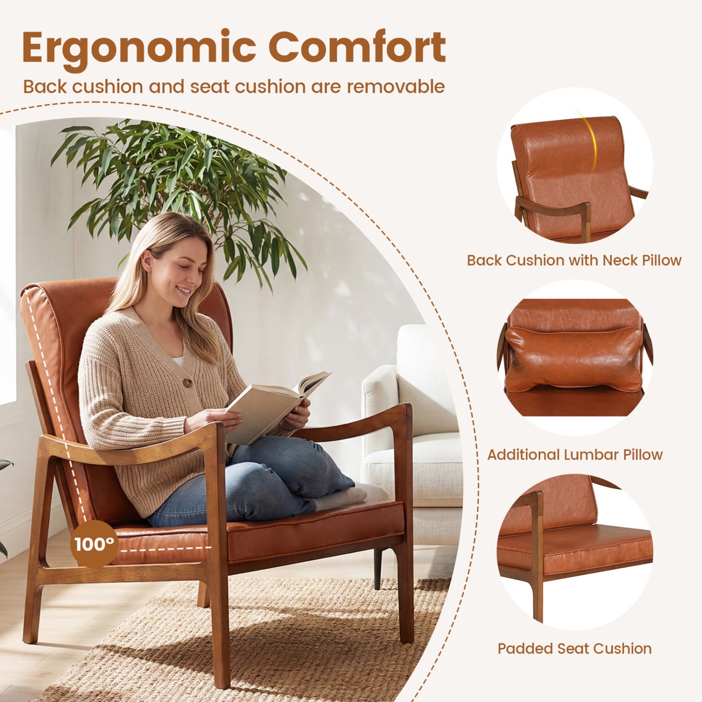 Accent Chair with Removable Cushions and Rubber Wood Frame