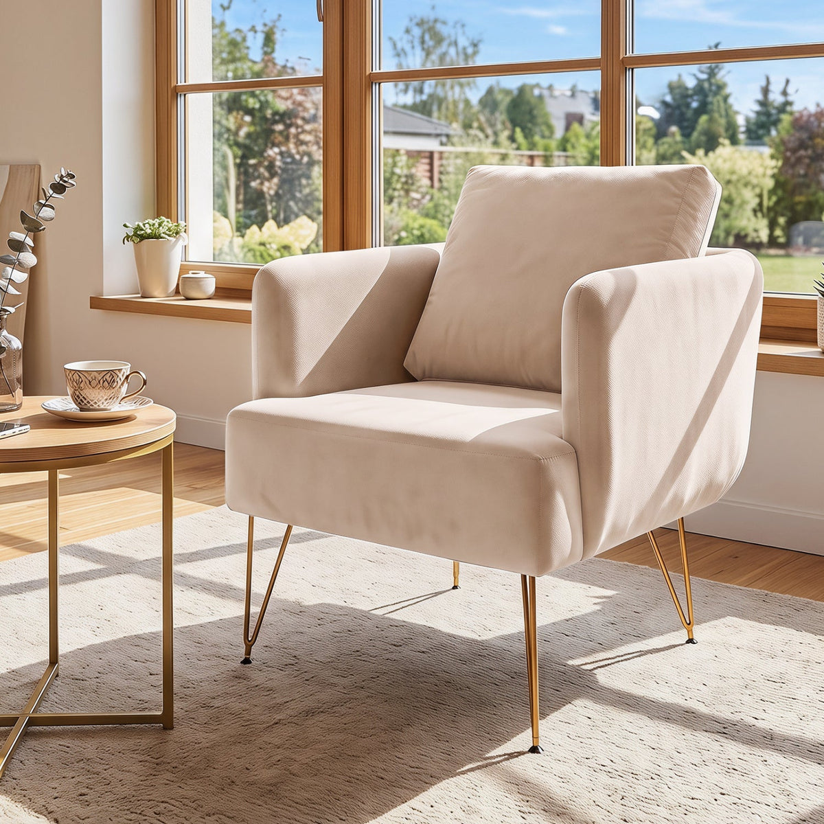 Velvet Accent Chair with Gold Metal Legs and Back Cushion