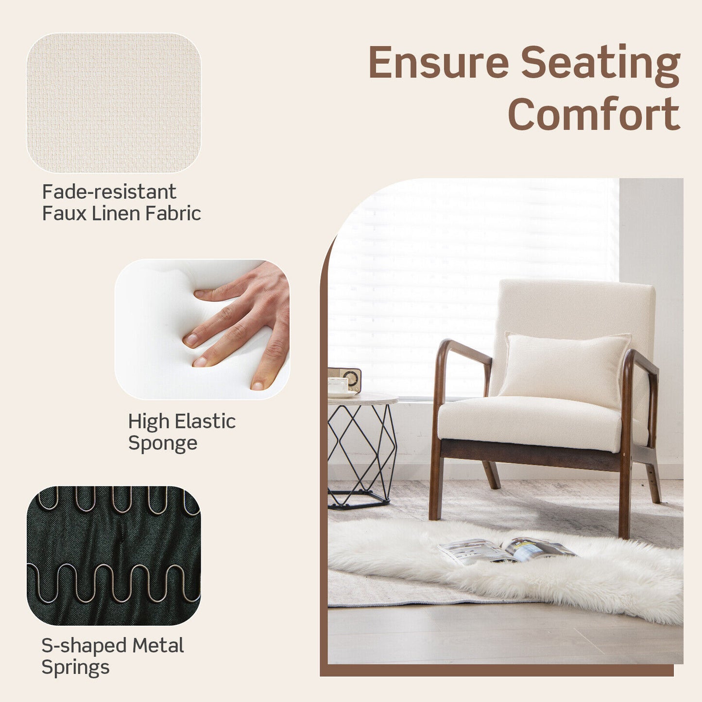 Accent Chair with Lumbar Pillow and Rubber Wood Frame