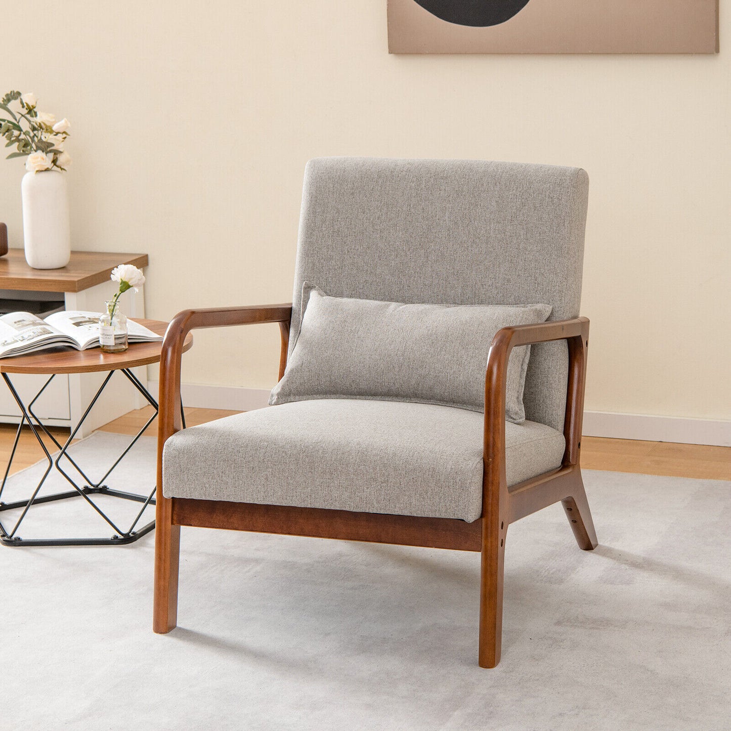 Accent Chair with Lumbar Pillow and Rubber Wood Frame