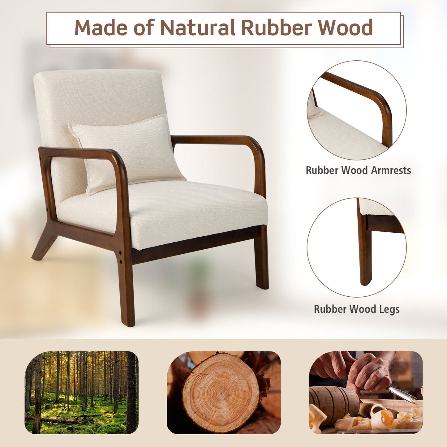 Accent Chair with Lumbar Pillow and Rubber Wood Frame