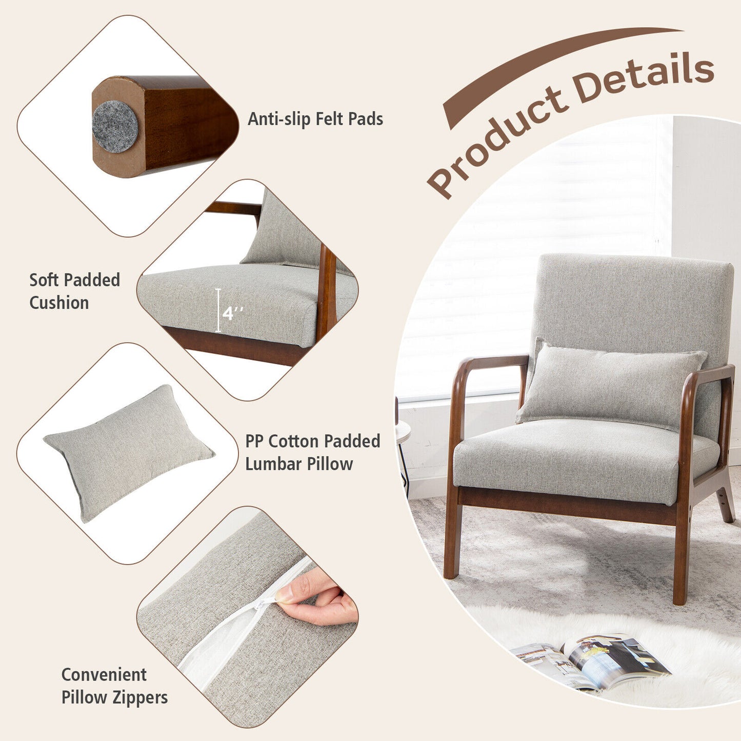 Accent Chair with Lumbar Pillow and Rubber Wood Frame