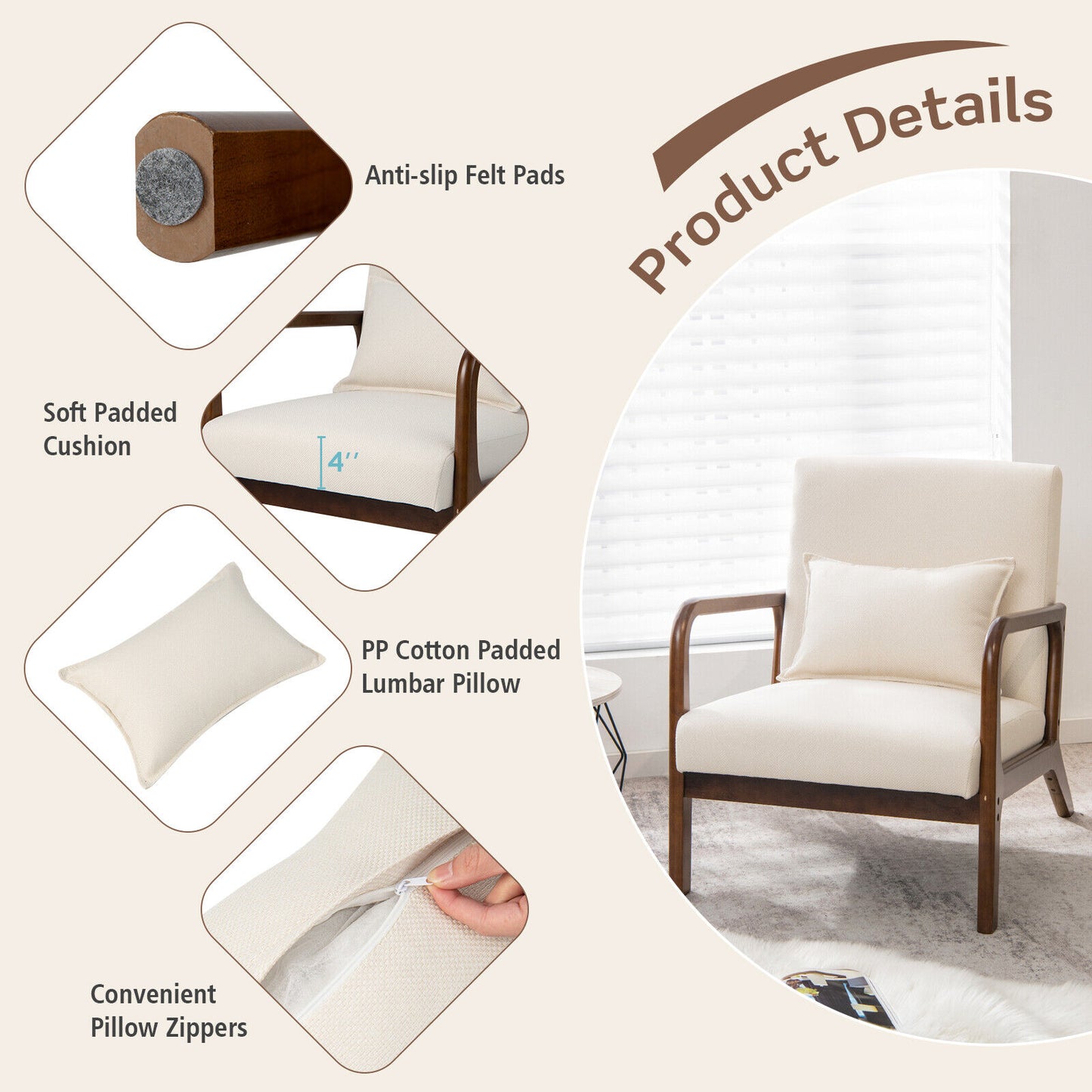 Accent Chair with Lumbar Pillow and Rubber Wood Frame