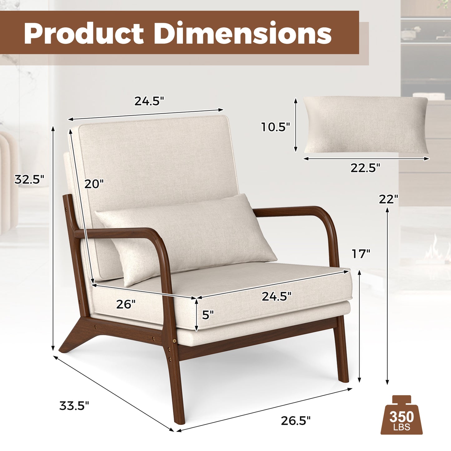 Accent Chair with Rubber Wood Armrests and Lumbar Pillow