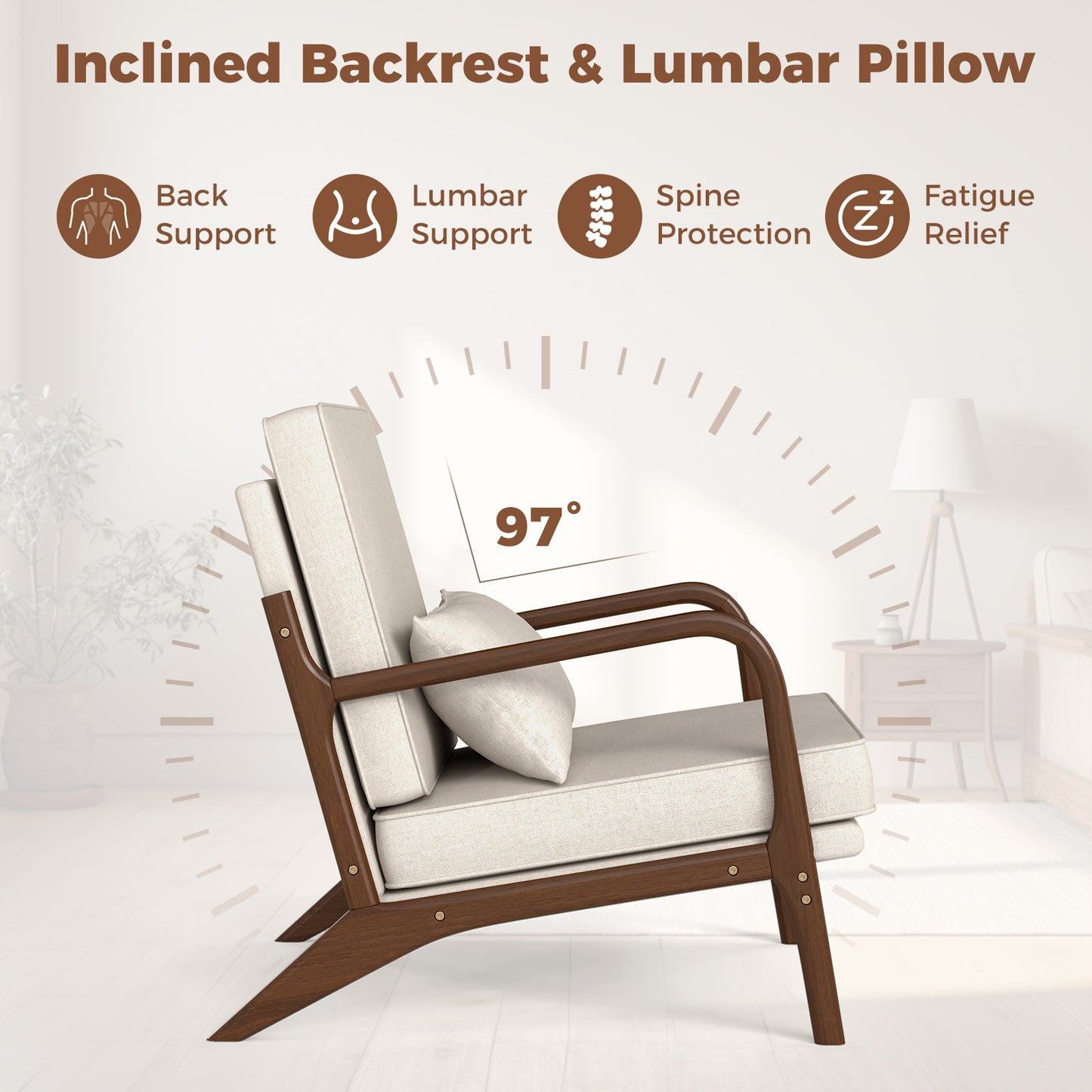 Accent Chair with Rubber Wood Armrests and Lumbar Pillow