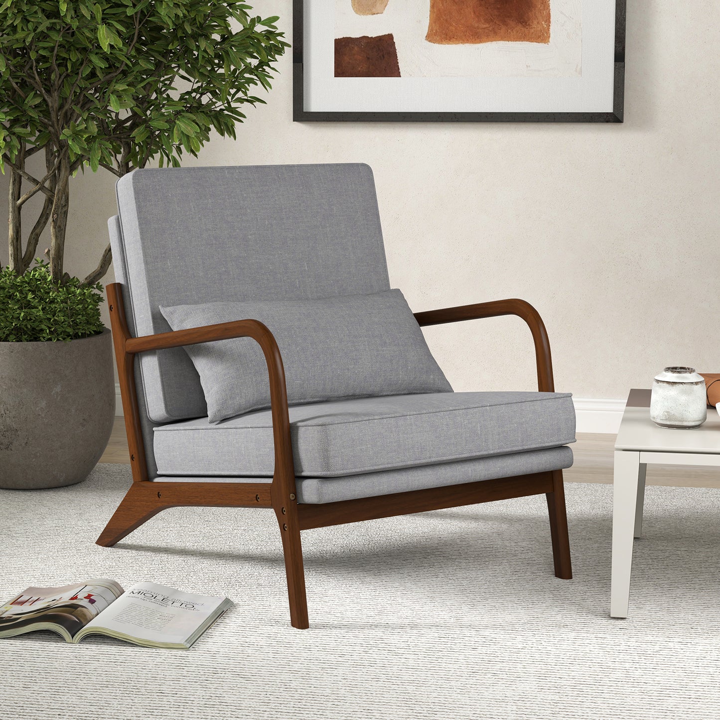 Accent Chair with Rubber Wood Armrests and Lumbar Pillow