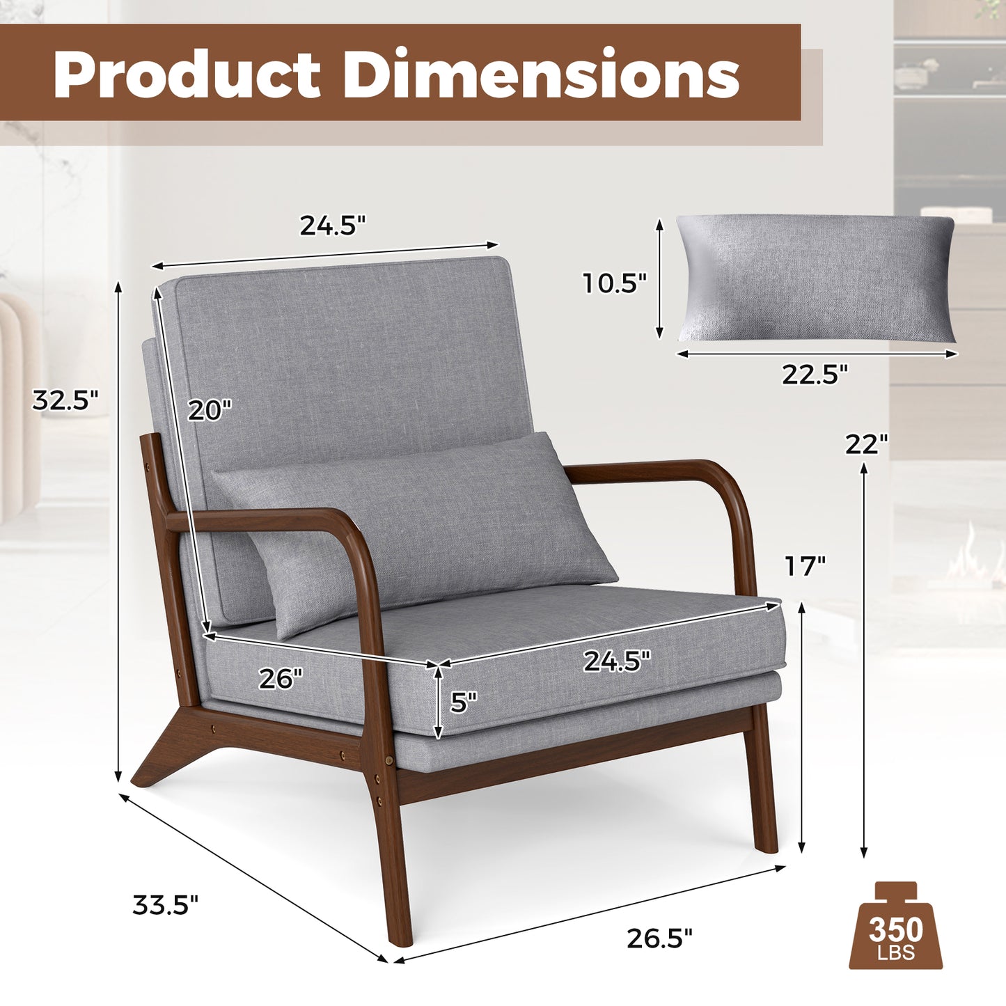 Accent Chair with Rubber Wood Armrests and Lumbar Pillow