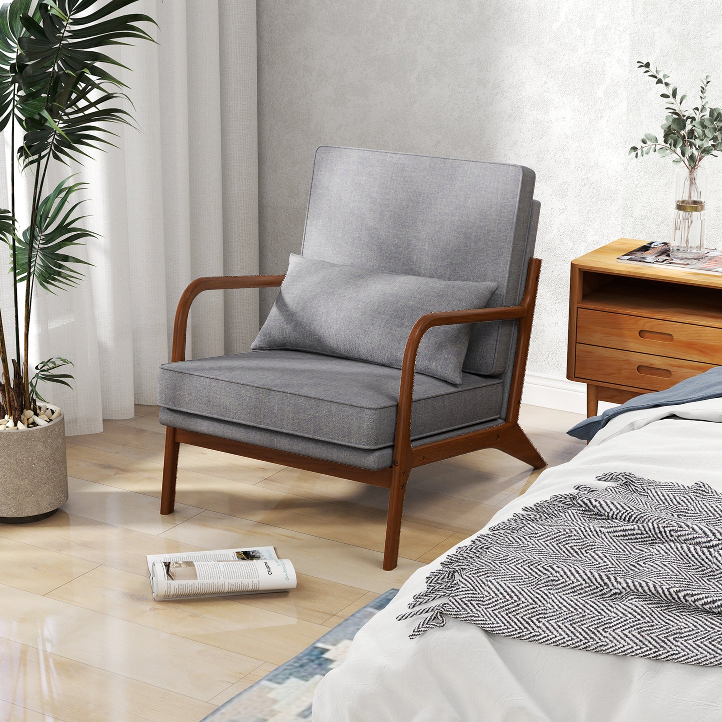 Accent Chair with Rubber Wood Armrests and Lumbar Pillow