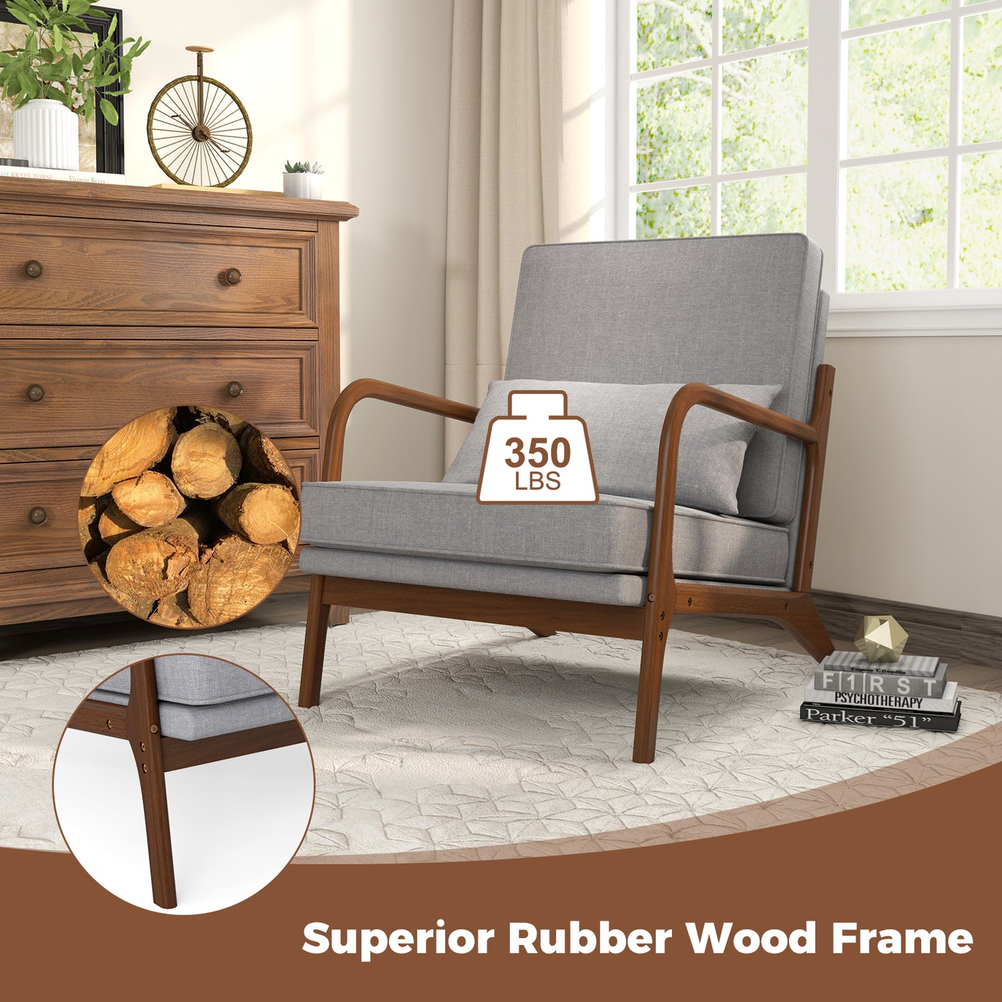 Accent Chair with Rubber Wood Armrests and Lumbar Pillow