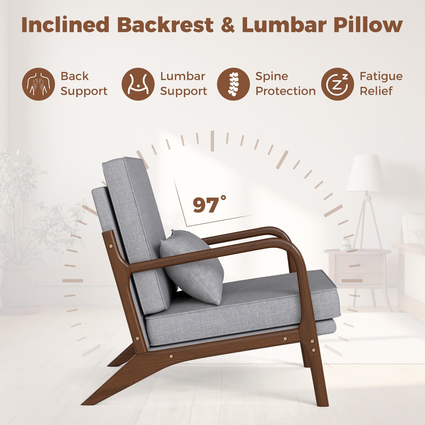 Accent Chair with Rubber Wood Armrests and Lumbar Pillow