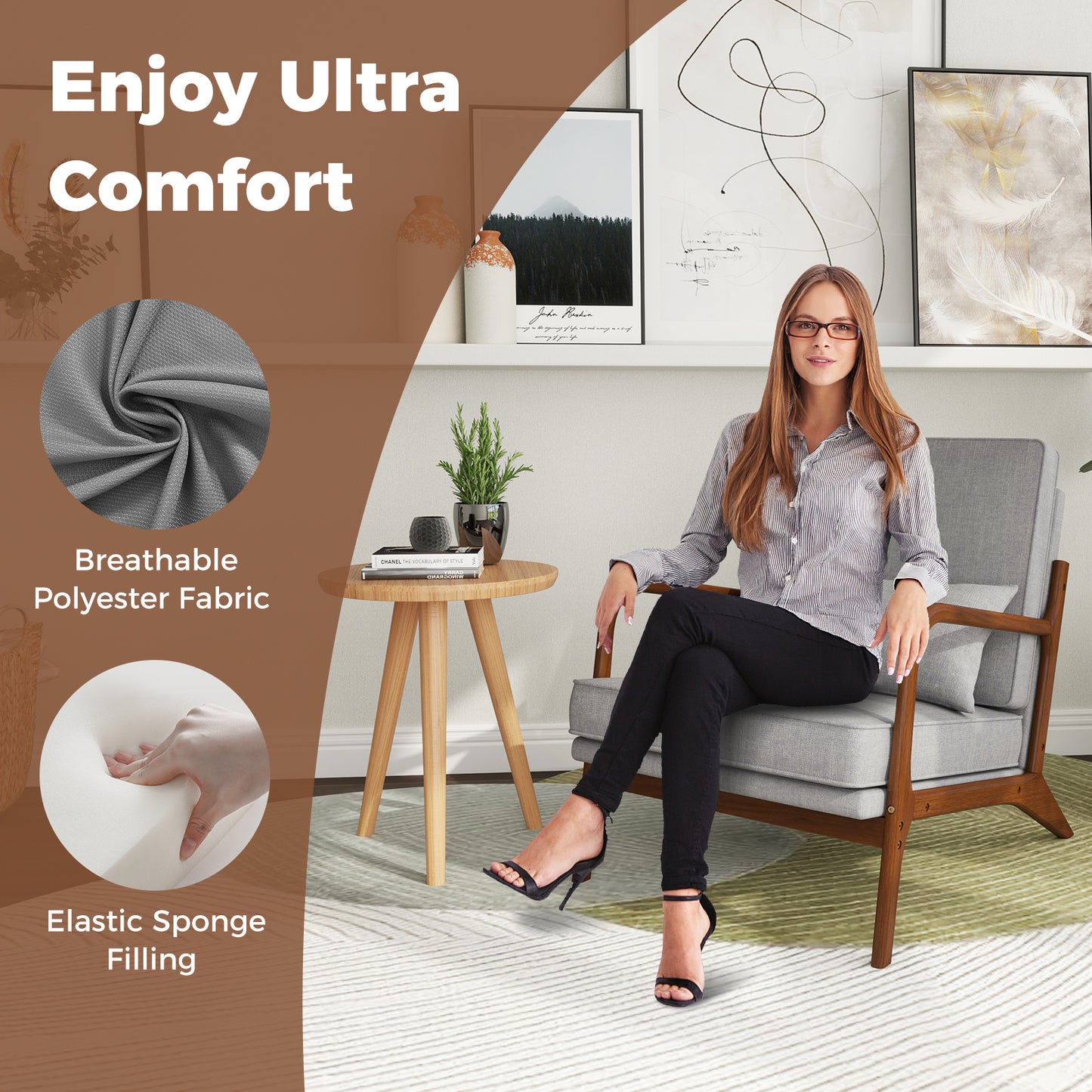 Accent Chair with Rubber Wood Armrests and Lumbar Pillow