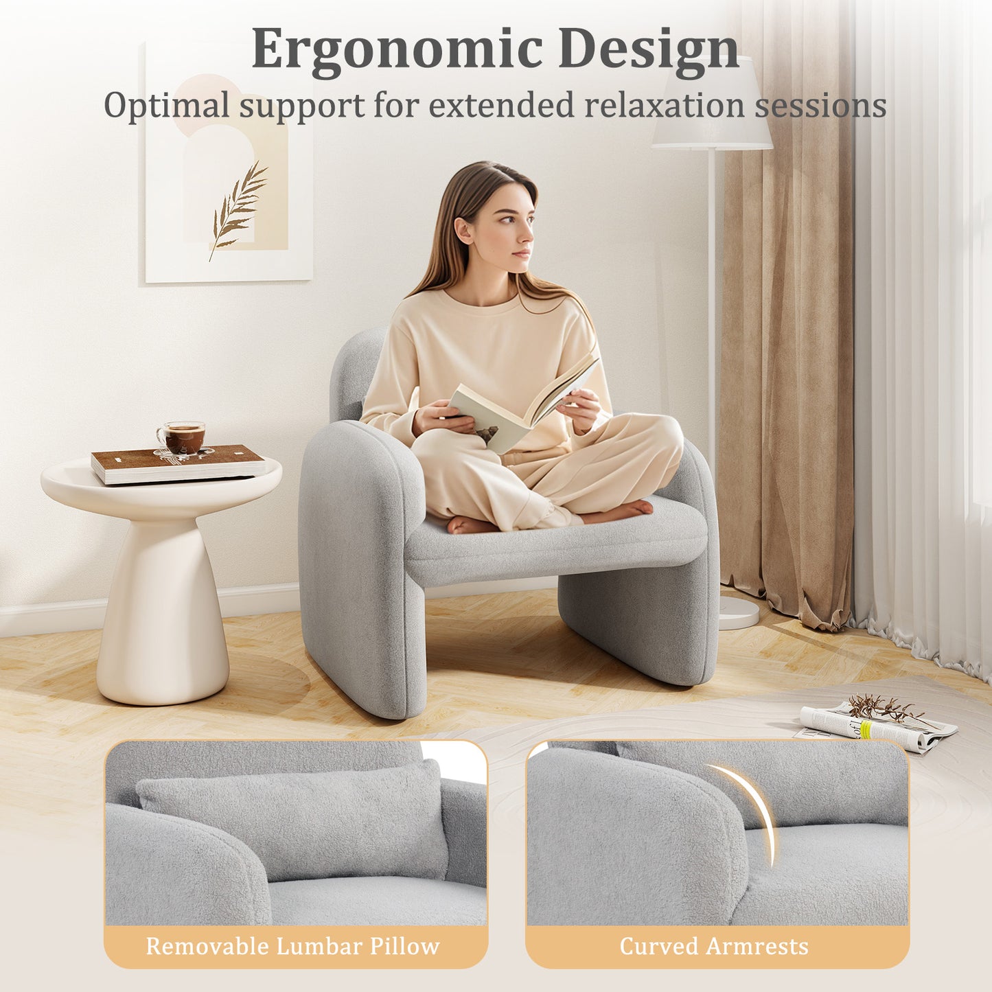 Sherpa Accent Chair with Lumbar Pillow and Armrests