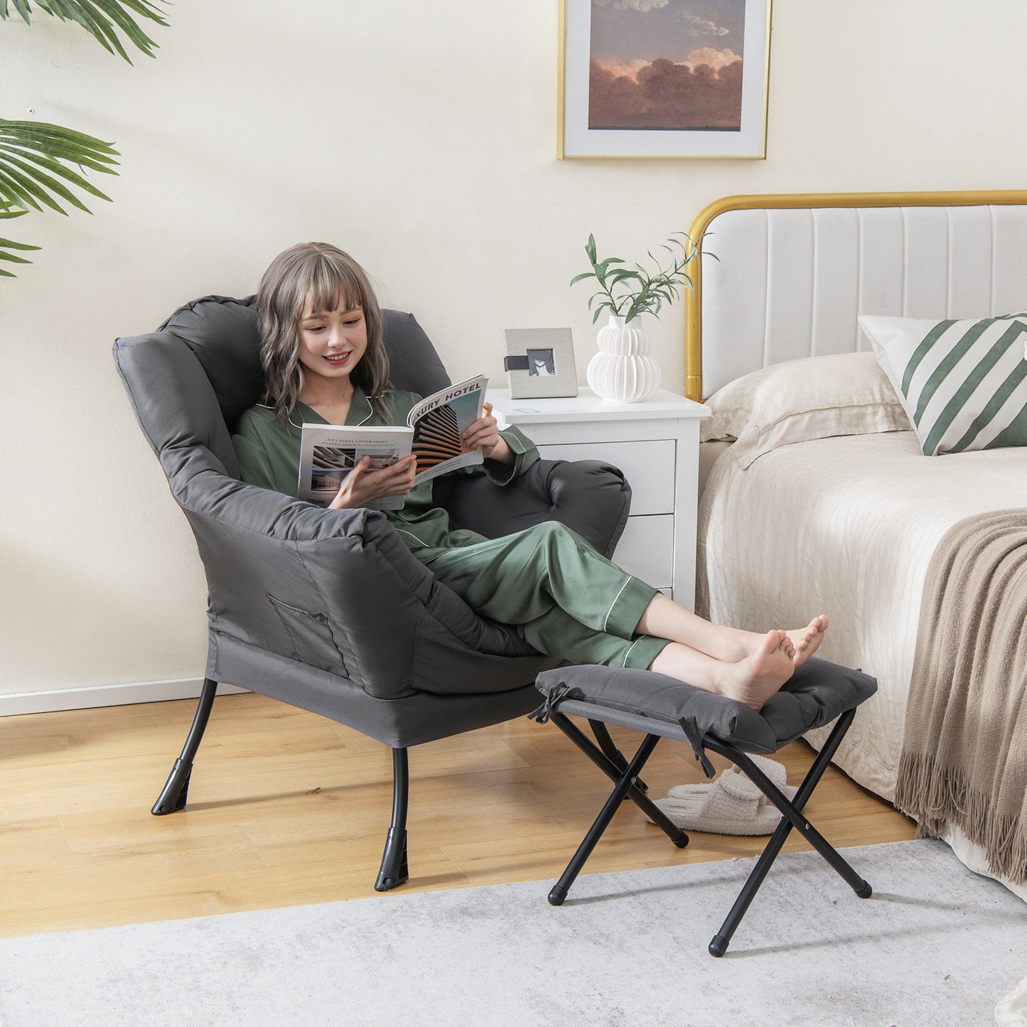 Accent Chair with Folding Footrest and Side Pocket