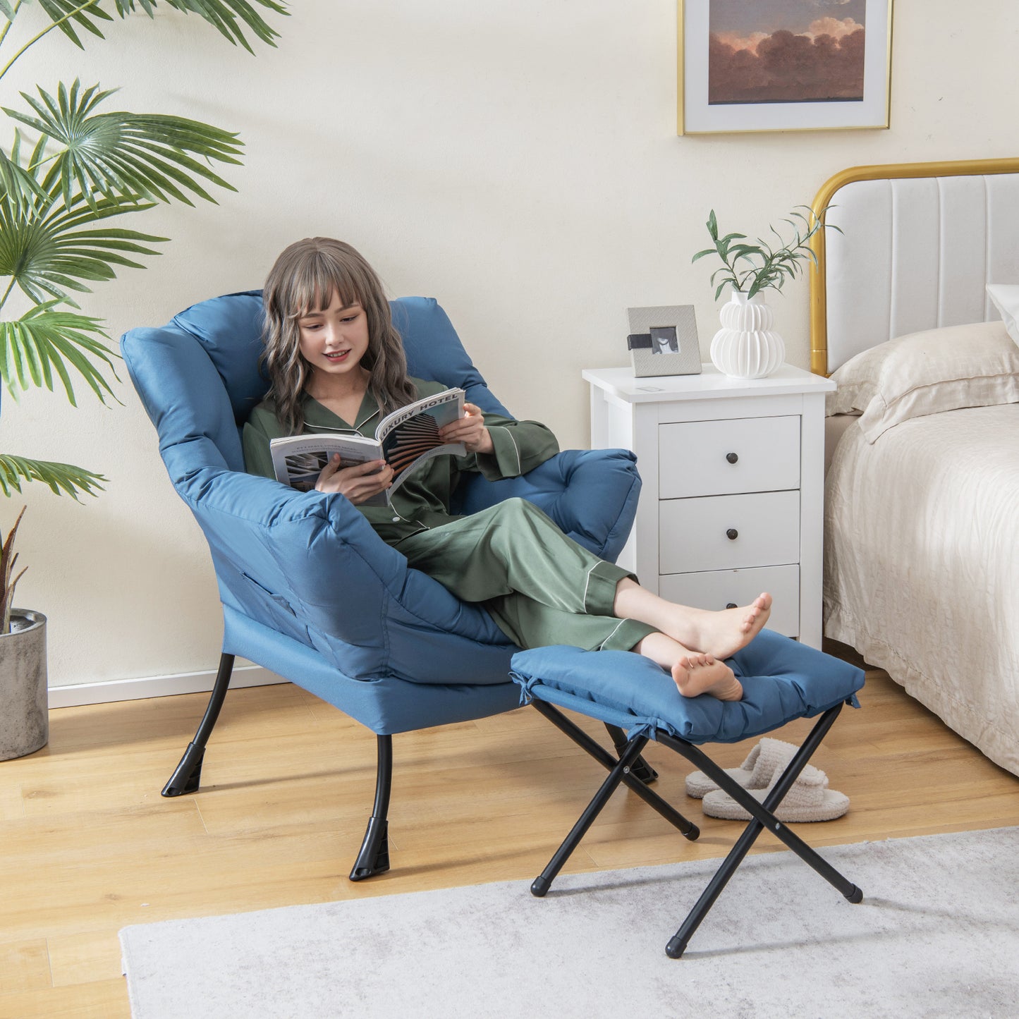 Accent Chair with Folding Footrest and Side Pocket