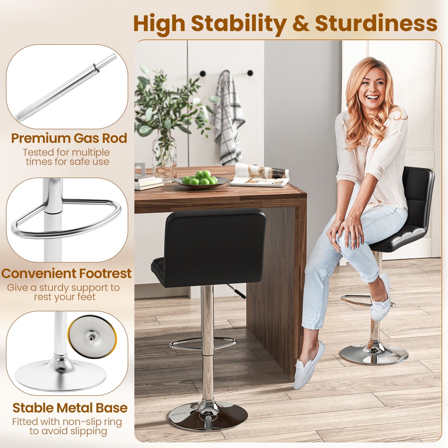 Modern Bat Stools Set of 2 with Back and Heavy-duty Metal Base and Footrest