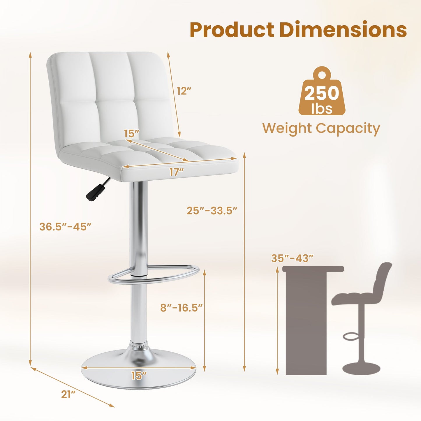 Modern Bat Stools Set of 2 with Back and Heavy-duty Metal Base and Footrest