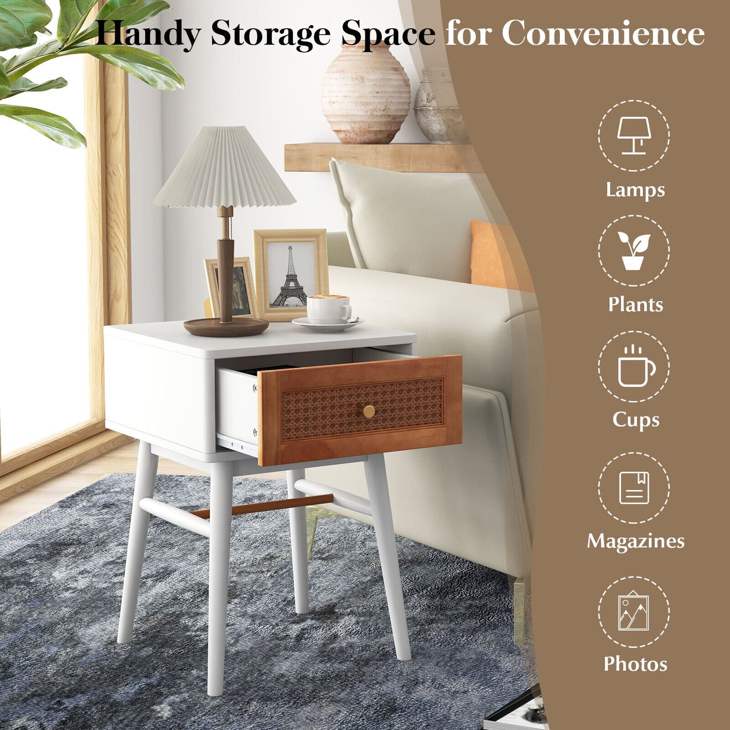 1-Drawer Modern Bedside Table with Solid Wood Legs