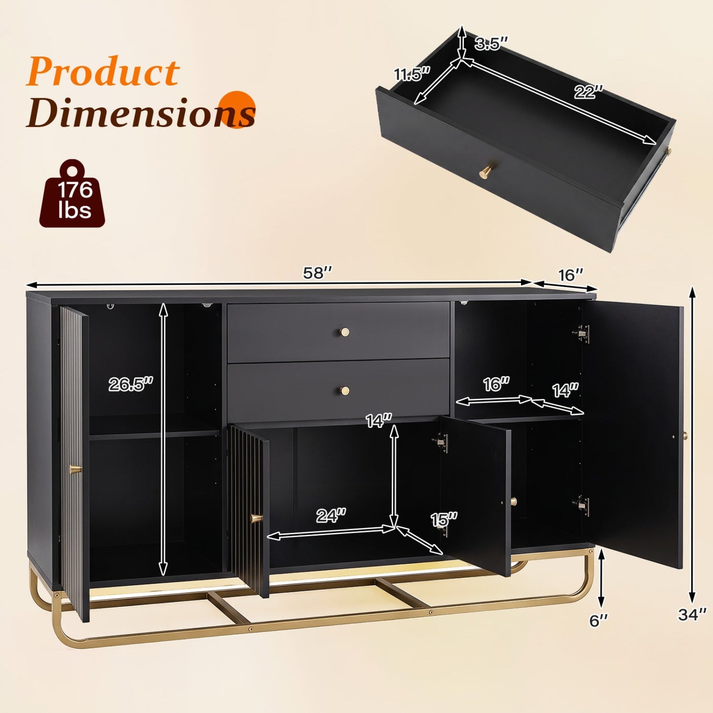 Modern Buffet Sideboard Cabinet with 2 Drawers & Adjustable Shelves