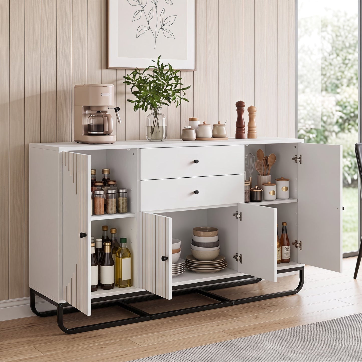 Modern Buffet Sideboard Cabinet with 2 Drawers & Adjustable Shelves